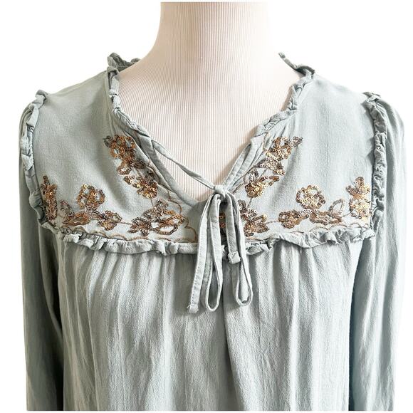 Lauren Conrad Bohemian Long Sleeve Top Size Medium Sage Green Floral Sequins - Picture 5 of 9